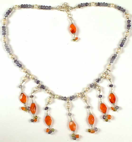 Pearl, Faceted Carnelian & Iolite Necklace