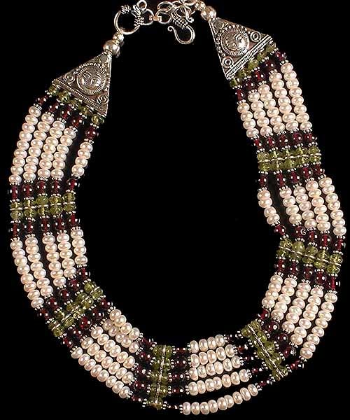 Pearl, Garnet, & Peridot Beaded Necklace