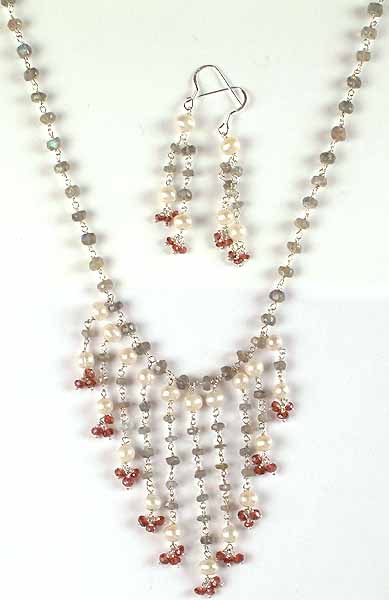 Pearl, Labradorite & Garnet Necklace with Matching Earrings