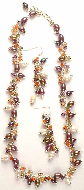 Pearl Necklace & Earrings Set with Gemstones