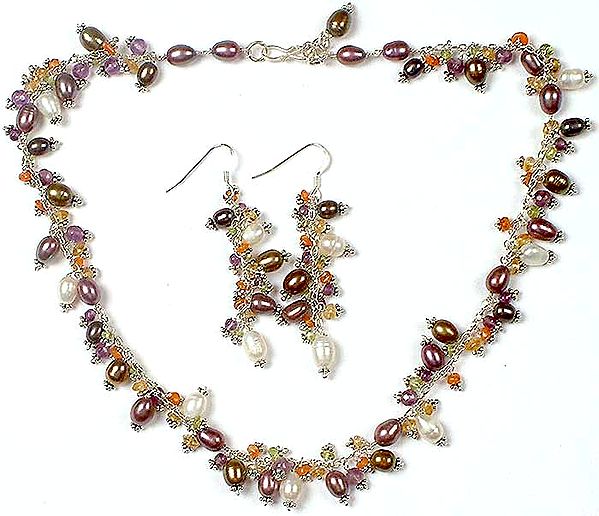 Pearl Necklace & Earrings Sets with Gemstones