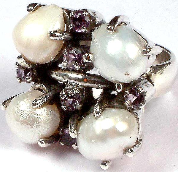 Pearl Ring with Faceted Amethyst