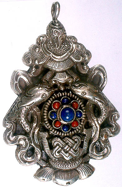 Pendant of Auspicious Symbols (Ashtamangala) with Coral and Lapis Lazuli