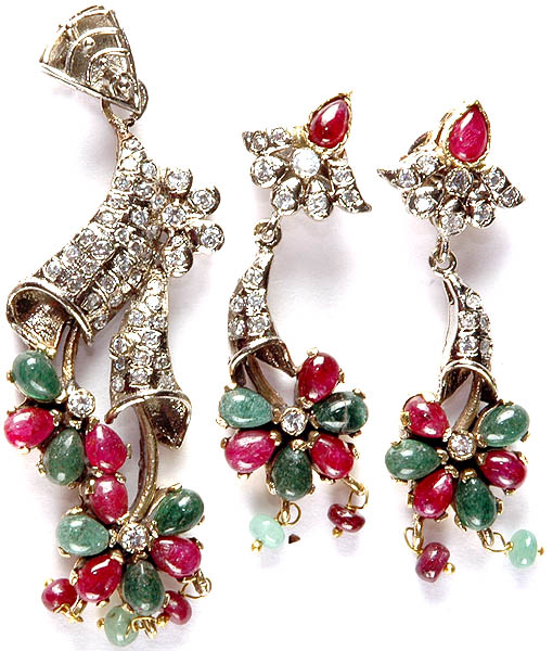 Pendant of Ruby and Emerald  with Earrings