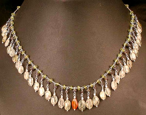 Peridot, Rutile, Iolite With Central Faceted Carnelian Necklace