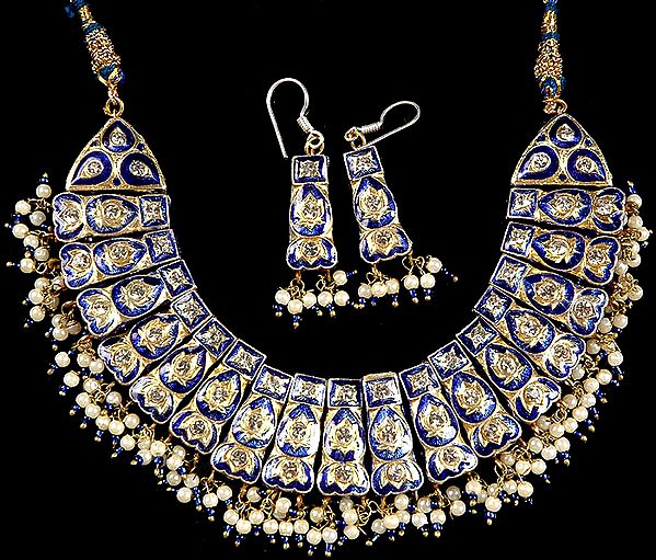 Persian Blue Beaded Necklace with Matching Earrings Set