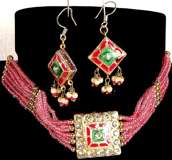 Persian Pink Beaded Necklace with Earrings