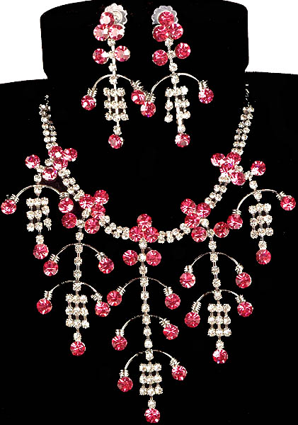 Persian Pink Cut Glass Floral Necklace with Earrings Set