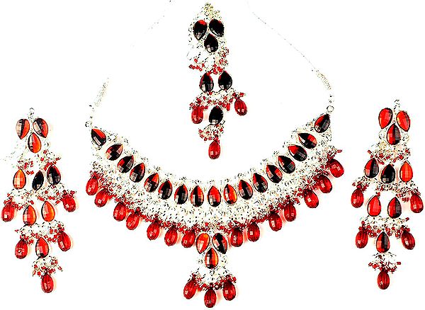 Persian Red Cut Glass Choker with Earrings and Mang Tika Set