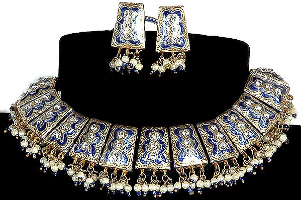 Persian-Blue Necklace and Earrings Set with Golden Accents