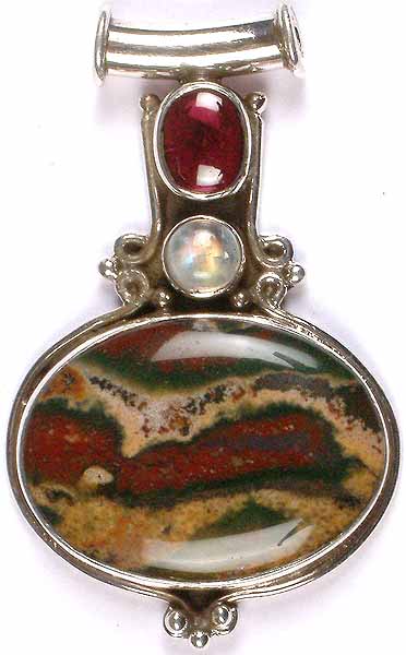 Picture Agate Pendant with Garnet & Rainbow Moonstone
