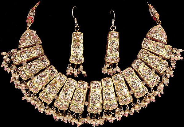Pink and Gold Floral Necklace with Earrings Set
