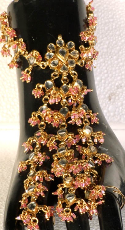 Pink Kundan Three-Ring Slave Bracelet