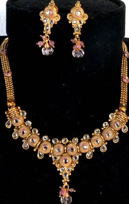 Pink Polki Necklace and Earrings Set with Cut Glass