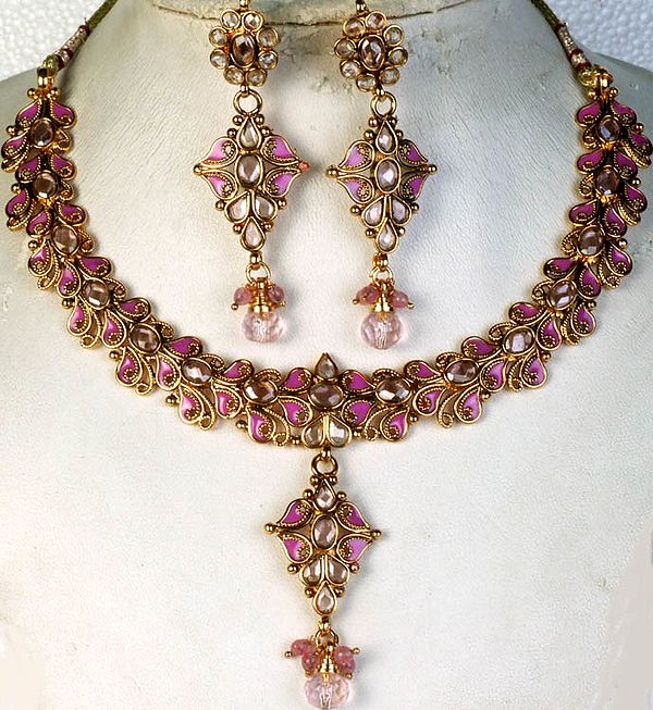 Pink Polki Necklace and Earrings Set with Cut Glass