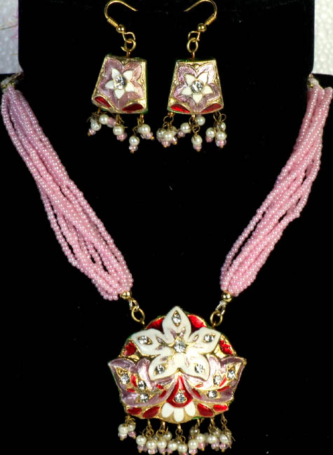 Pink Star-Spangled Necklace and Earrings with Peacocks on Reverse