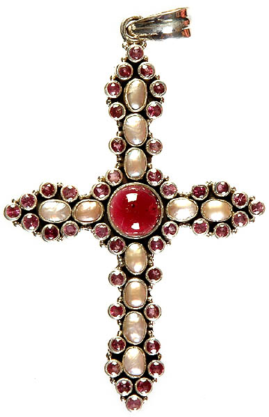 Pink Tourmaline, Pearl and Garnet Cross Pendant