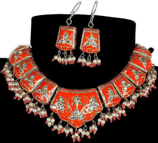 Mughal-Style Lacquered Cut-Glass Necklace With Drop Earrings