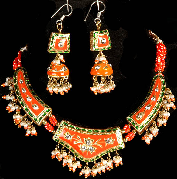 Pink-Orange Mughal Necklace with Jhumka Earrings