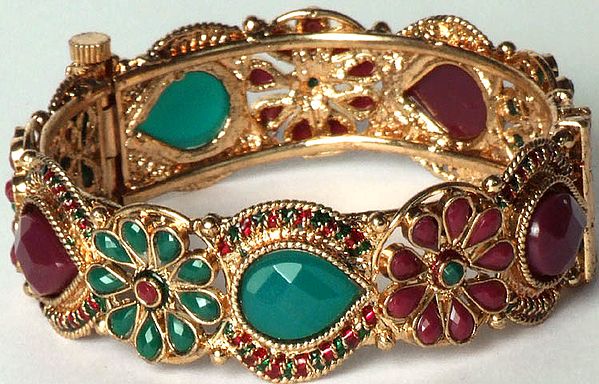 Polki Bangle with Faux Emeralds and Rubies