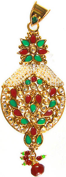 Polki Crown Pendant with Cut Glass and Faux Ruby-Emeralds