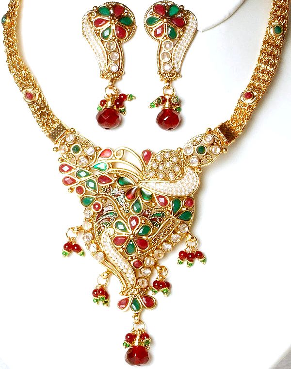 Polki Earrings and Necklace Set with Cut Glass