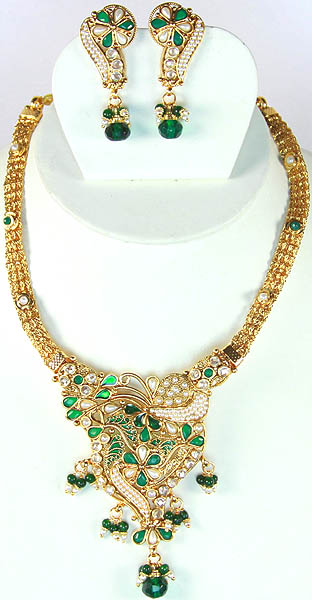Polki Meenakari Necklace and Earrings Set with Faux Emerald and Pearl