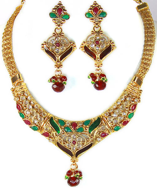 Polki Meenakari Necklace and Earrings Set with Faux Emerald and Rubies