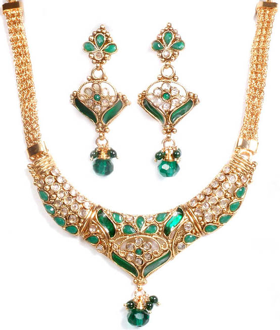 Polki Meenakari Necklace and Earrings Set with Faux Emeralds