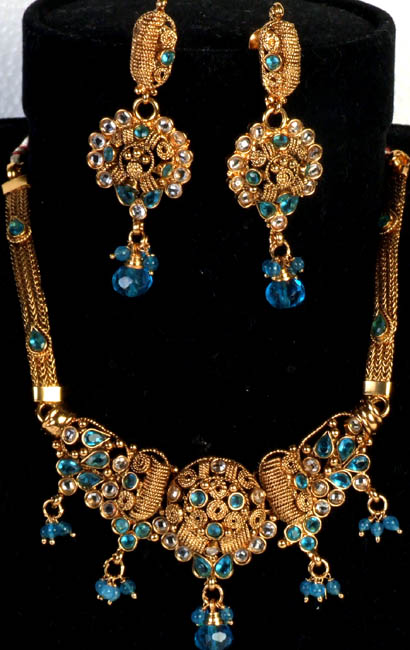 Polki Necklace and Earrings Set with Azure Beads