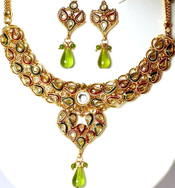 Polki Necklace and Earrings Set with Faux Peridot