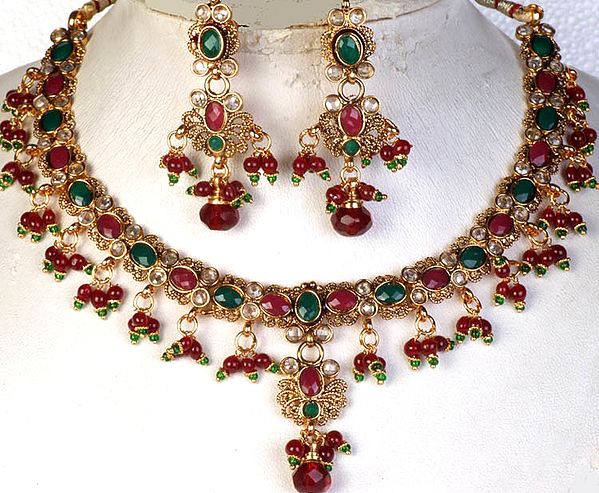 Polki Necklace and Earrings Set with Faux Ruby and Emerald