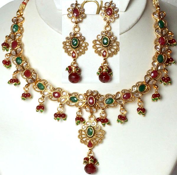 Polki Necklace and Earrings Set with Faux Ruby and Emerald