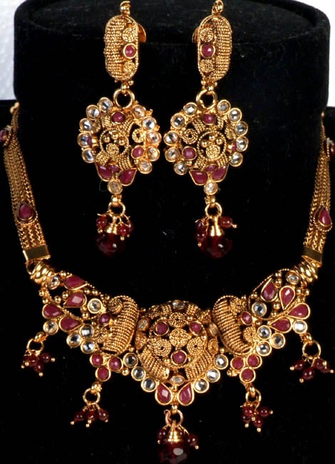 Polki Necklace and Earrings Set with Faux Ruby