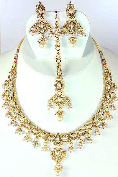 Polki Necklace and Earrings Set with Imitation Pearls