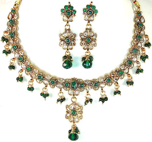 Polki Necklace and Earrings Set with Imitation Emeralds