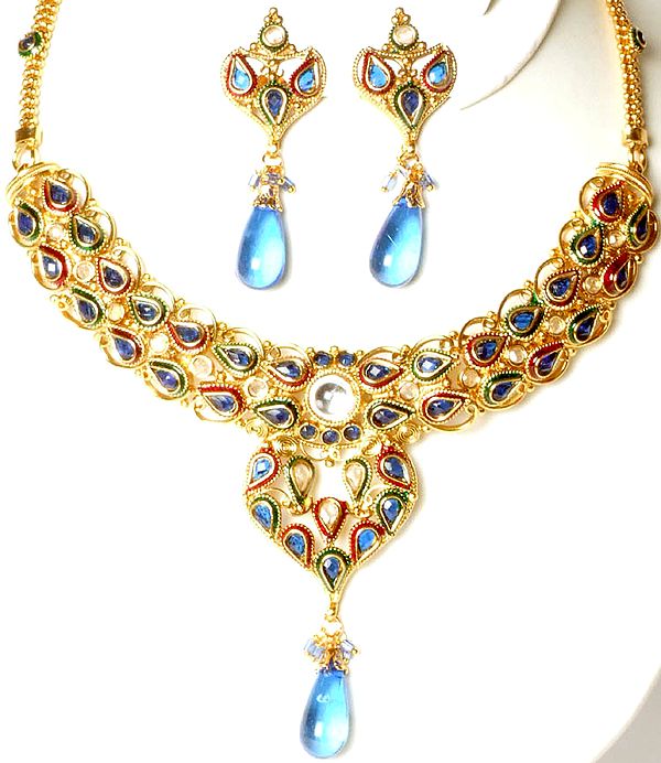 Polki Necklace and Earrings Set with Imitation Sapphire