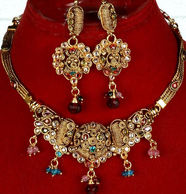 Polki Necklace and Earrings Set with Multi-Color Cut Glass