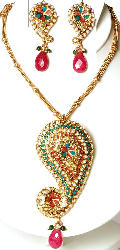 Polki Paisley Necklace Set with Imitation Emeralds and Rubies