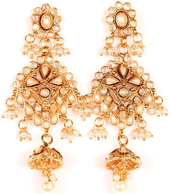 Polki Post Earrings with Cut Glass and Faux Pearls