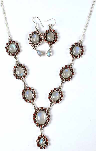 Rainbow Moonstone & Faceted Garnet Necklace with Matching Earrings Set