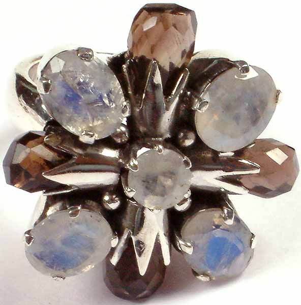 Rainbow Moonstone & Smoky Quartz Faceted Ring