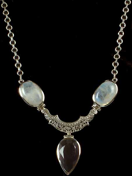 Rainbow Moonstone and Faceted Amethyst Necklace