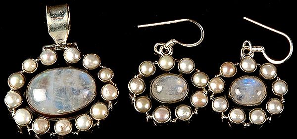 Rainbow Moonstone and Pearl Pendant with Earrings Set