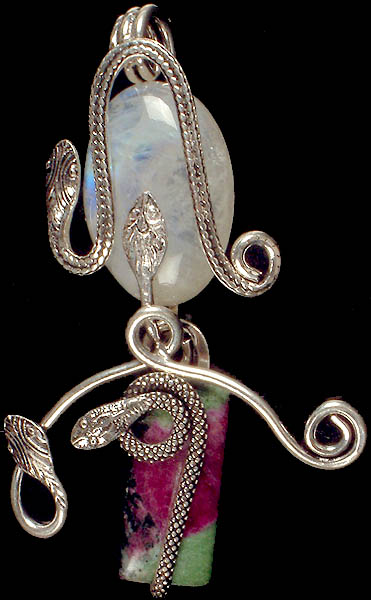 Rainbow Moonstone and Ruby Zoisite Serpent Pendant