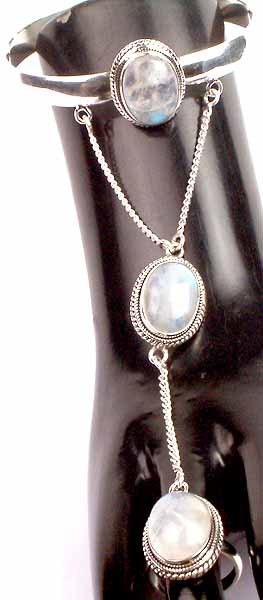Rainbow Moonstone Bracelet with Attached Ring