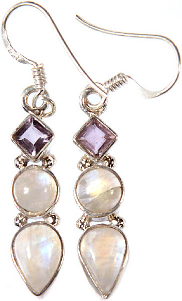Rainbow Moonstone Earrings with Faceted Amethyst