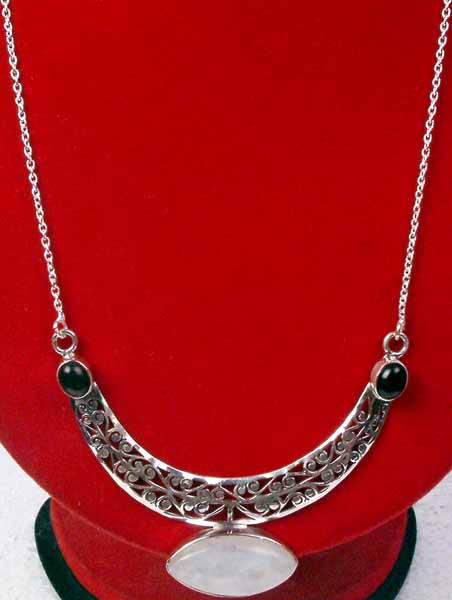 Rainbow Moonstone Necklace with Black Onyx