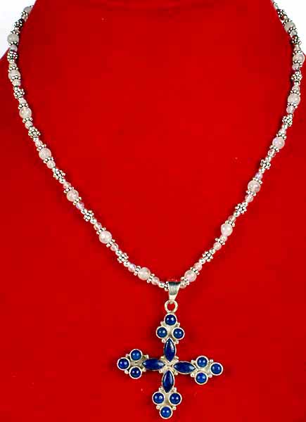 Rainbow Moonstone Necklace with Lapis Lazuli Cross