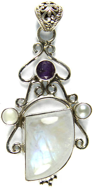 Rainbow Moonstone Pendant with Faceted Amethyst and Pearl